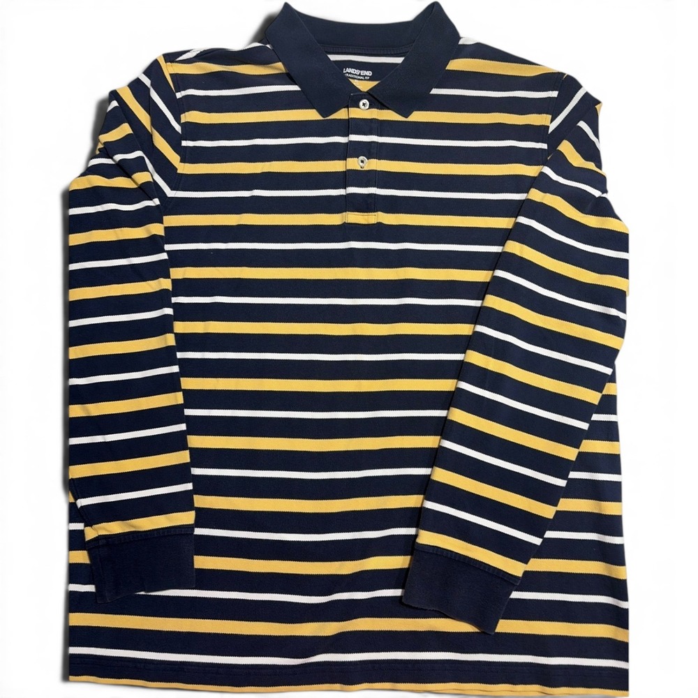 Lands End Mens XL Long Sleeve Polo Shirt Traditional Fit Striped Navy Yellow